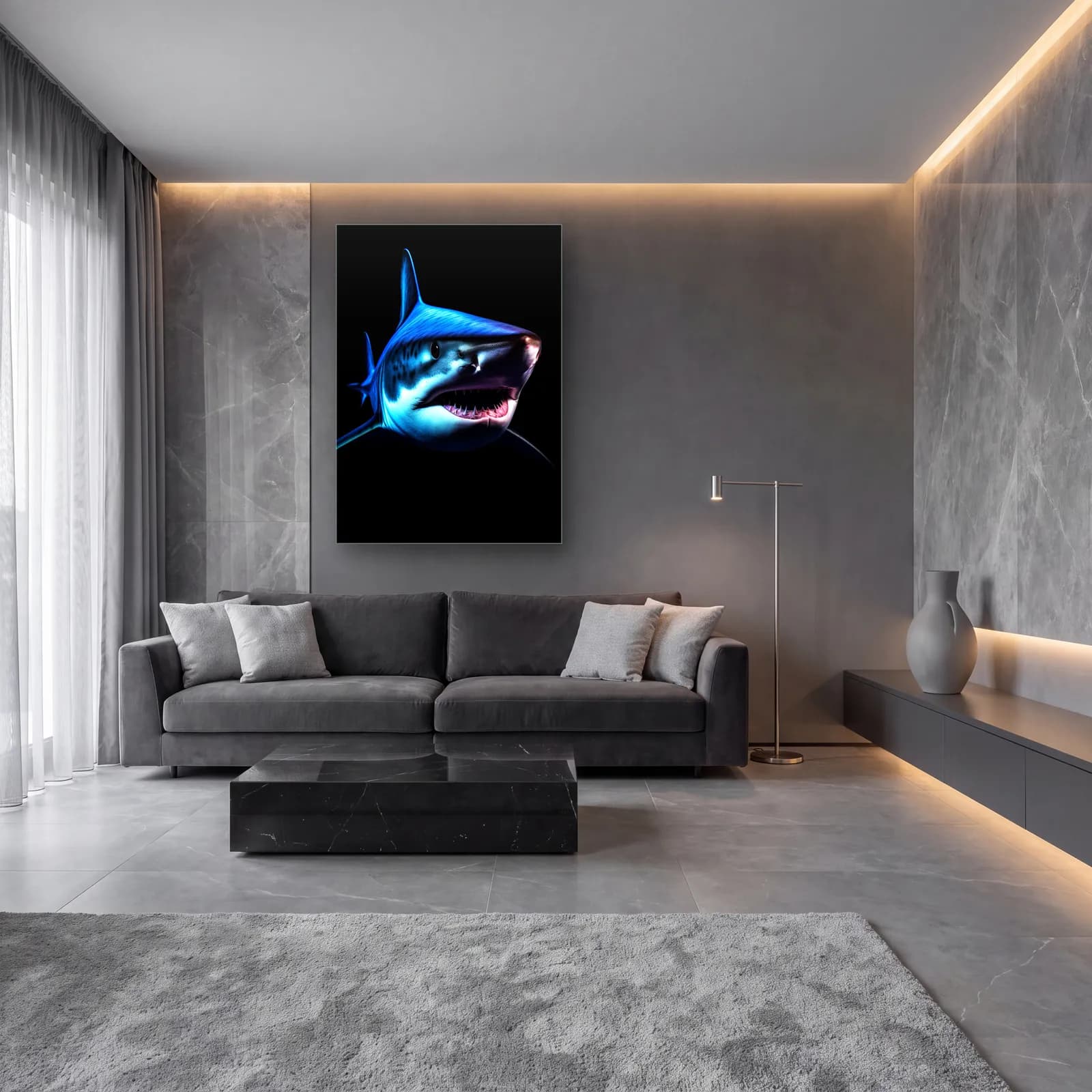 Mavi Neon Köpekbalığı cam tablo — lüks salon duvarında