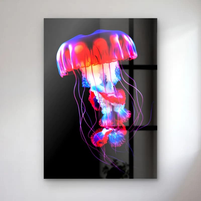 Neon Kırmızı Denizanası cam tablo — Siyah fonda kırmızı ve mavi neon ışıklı denizanası