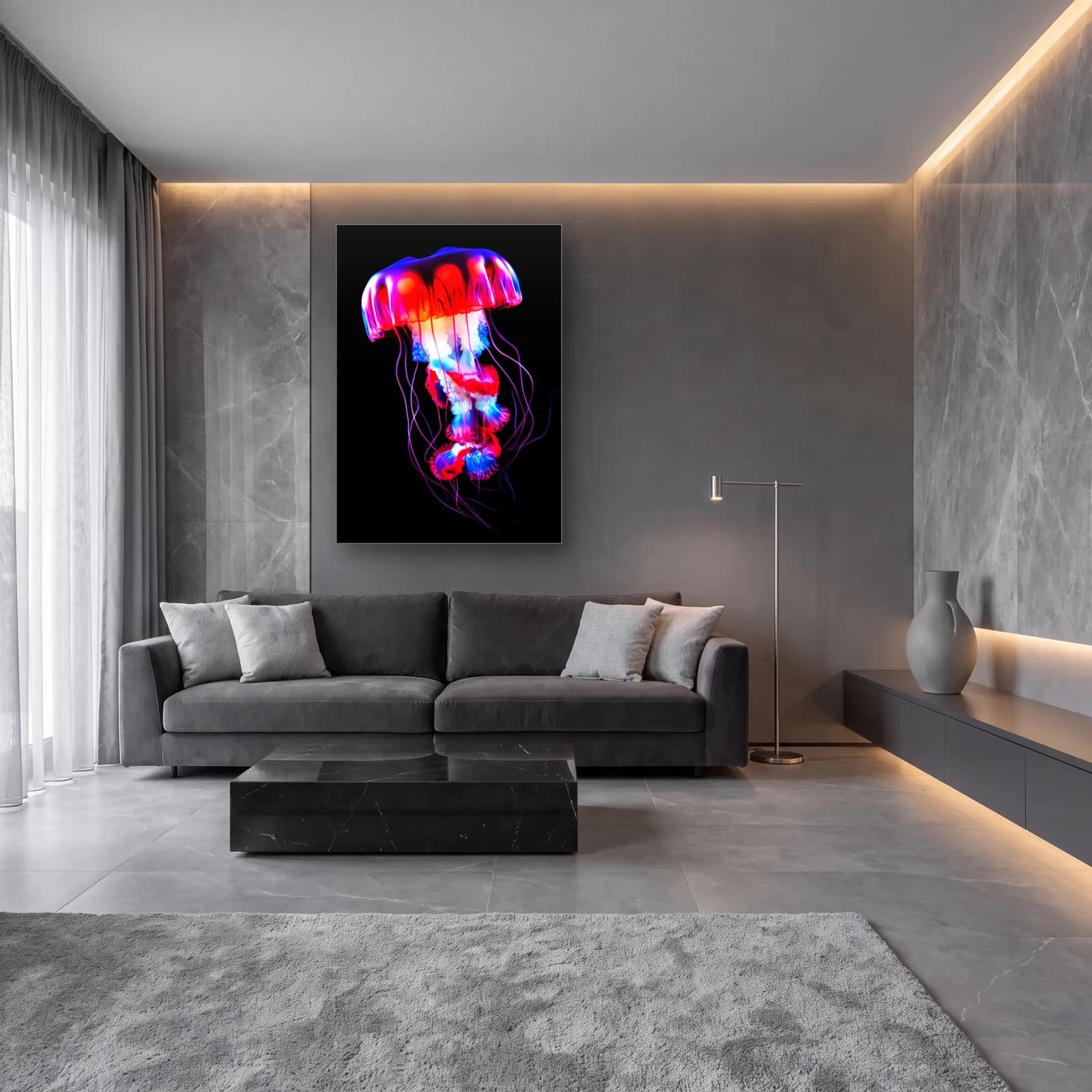 Neon Kırmızı Denizanası cam tablo — lüks salon duvarında