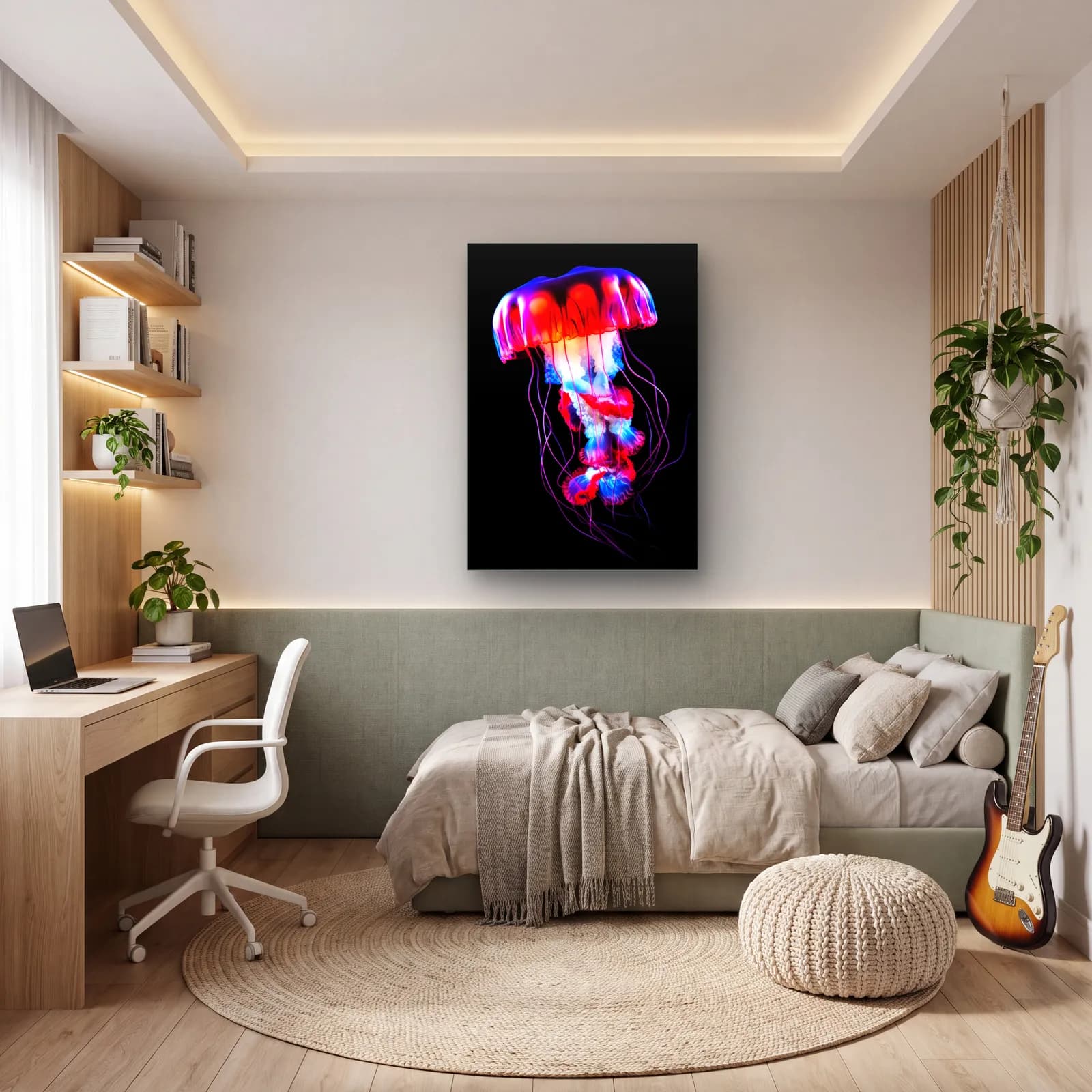 Neon Kırmızı Denizanası cam tablo — genç odasında