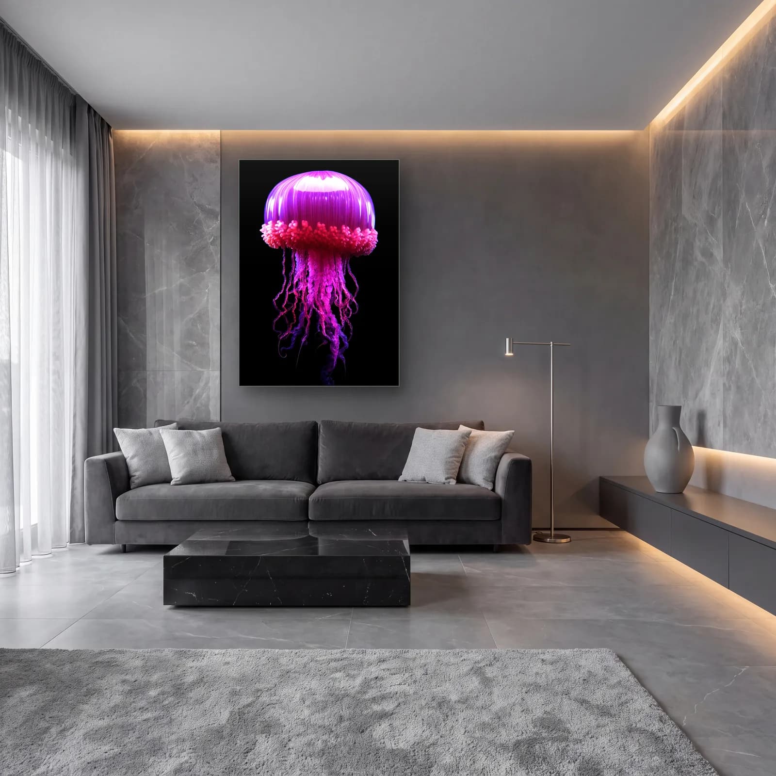 Mor Pembe Denizanası cam tablo — lüks salon duvarında