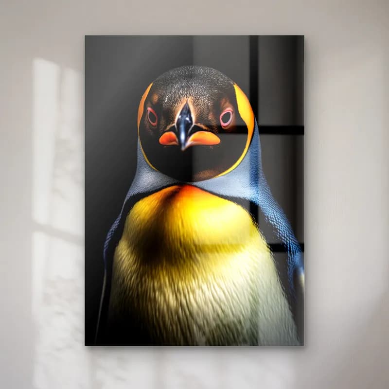 Sarı Göğüslü Penguen cam tablo — Siyah fonda cepheden bakan sarı göğüslü penguen