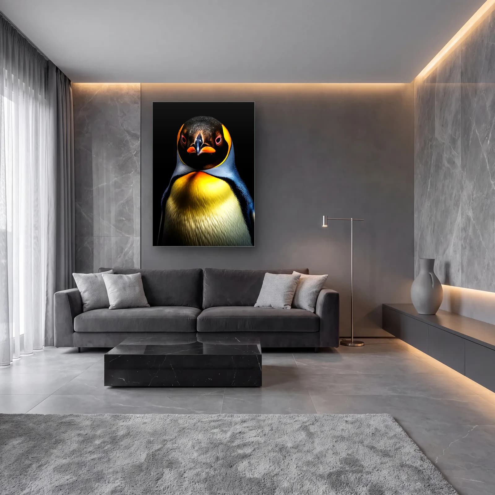 Sarı Göğüslü Penguen cam tablo — lüks salon duvarında