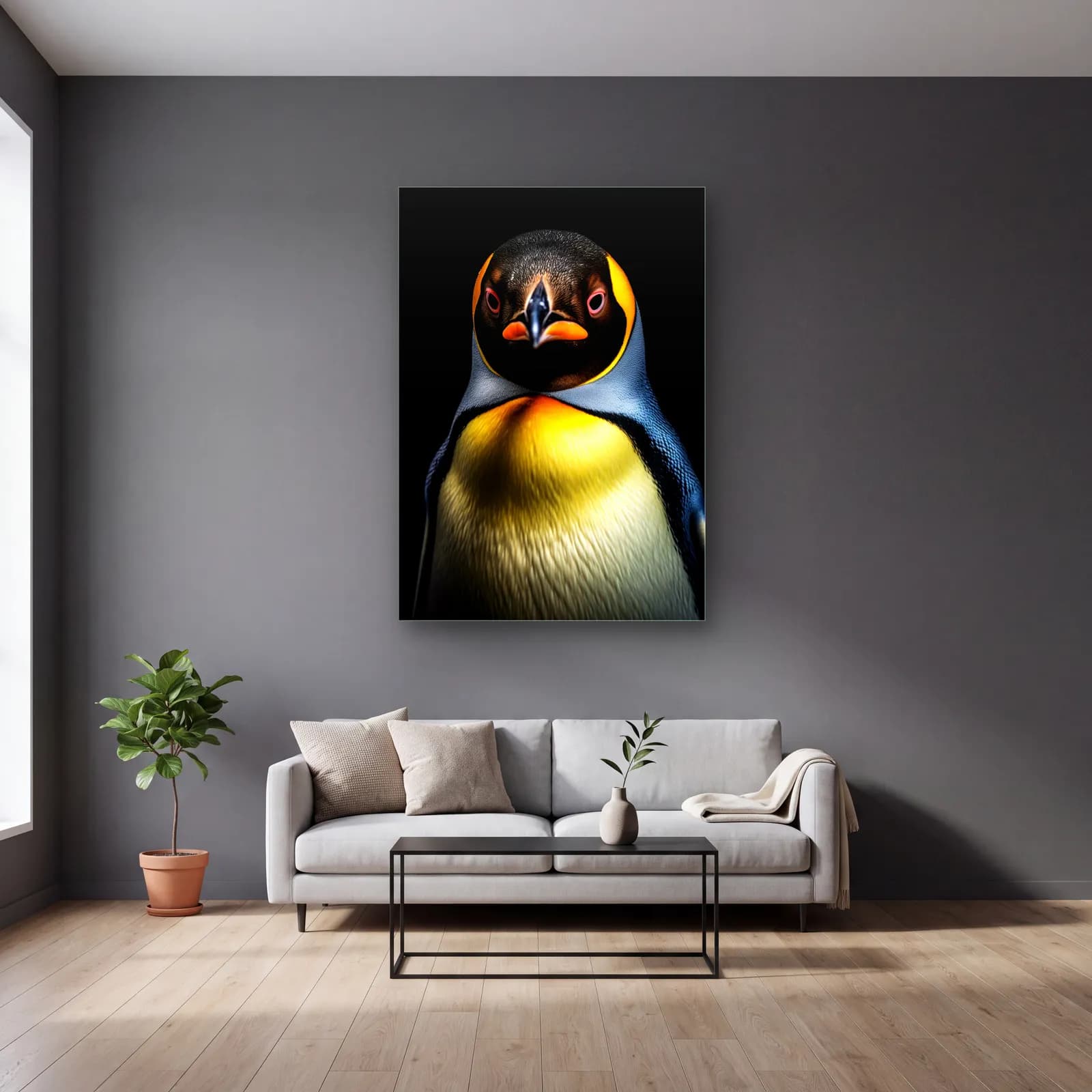 Sarı Göğüslü Penguen cam tablo — gri duvarlı salonda
