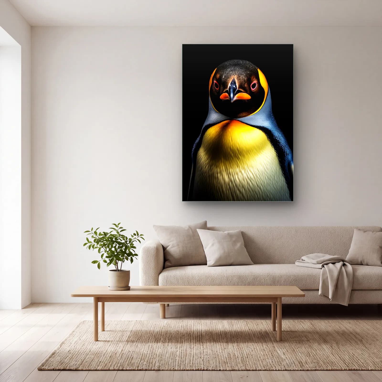 Sarı Göğüslü Penguen cam tablo — açık renk salonda