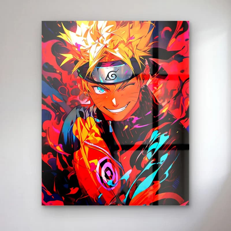 Gülümseyen Naruto Uzumaki cam tablo — Kırmızı siyah fırça darbeleri içinde gülümseyen sarı saçlı Naruto
