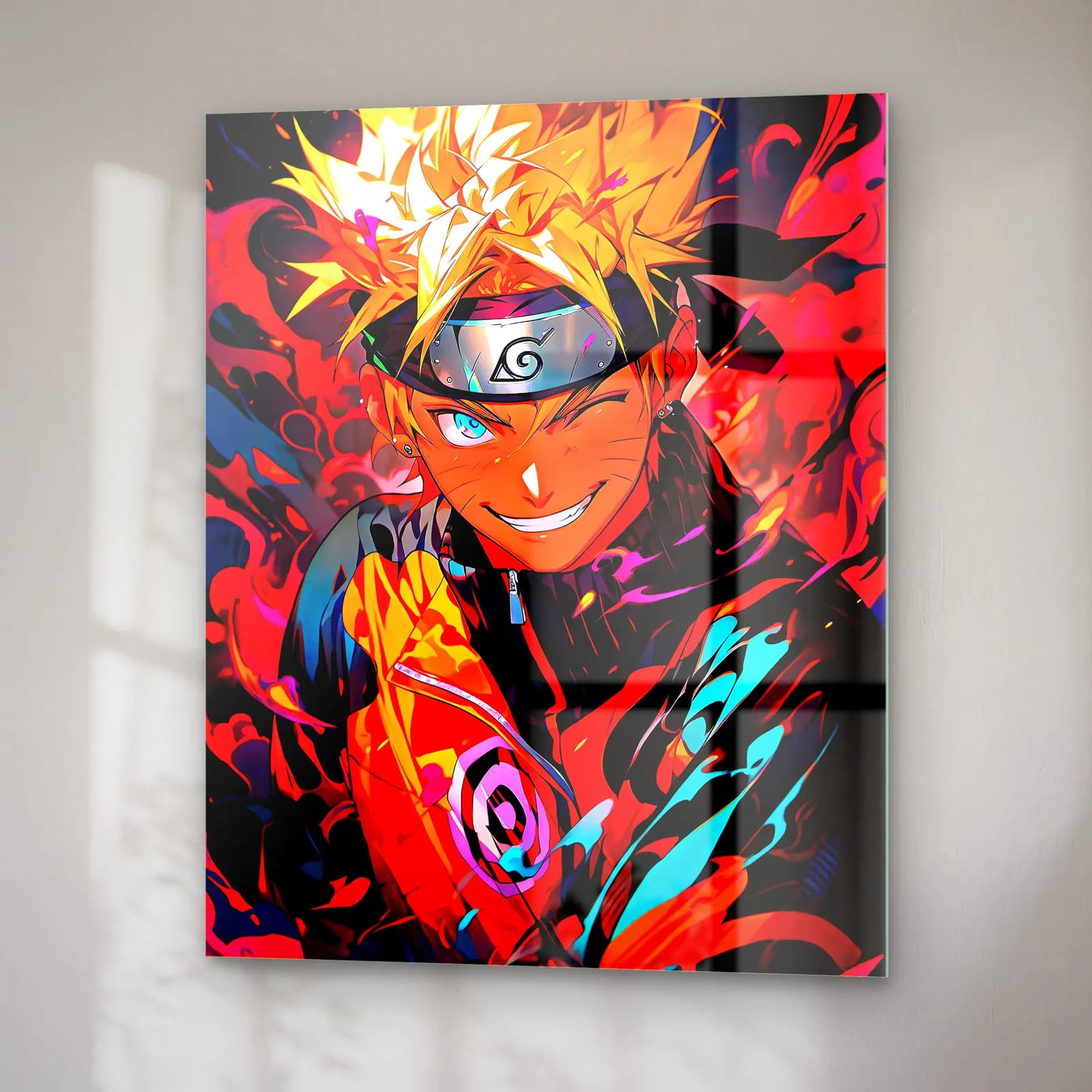Gülümseyen Naruto Uzumaki cam tablo — sağ açıdan görünüm