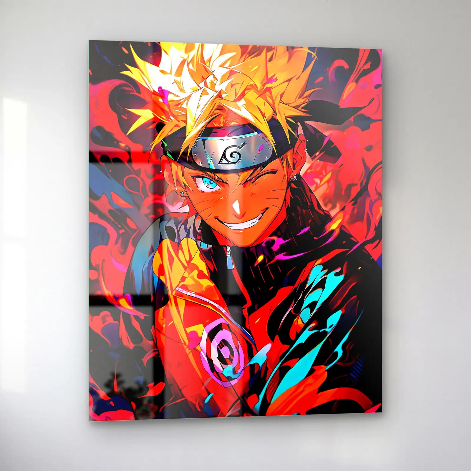 Gülümseyen Naruto Uzumaki cam tablo — sol açıdan görünüm