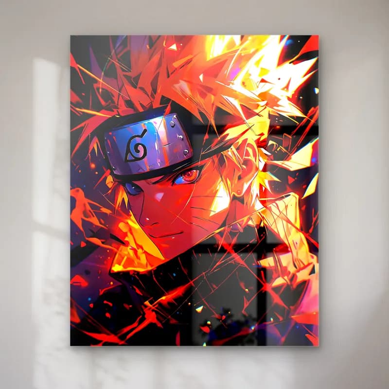 Kızgın Naruto Portresi cam tablo — Kırmızı turuncu patlamalar içinde alın bantlı Naruto yakın planı