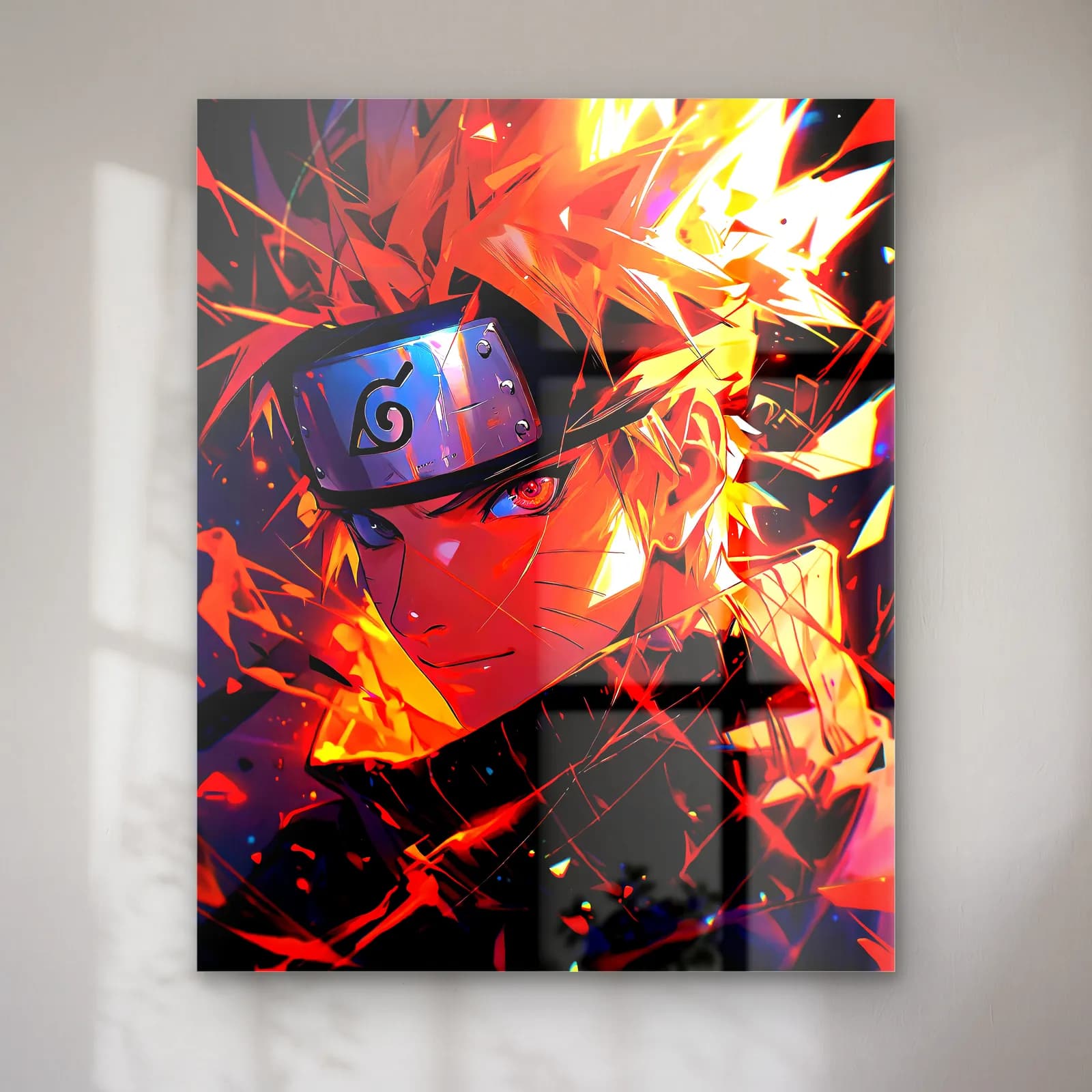 Kızgın Naruto Portresi cam tablo — Kırmızı turuncu patlamalar içinde alın bantlı Naruto yakın planı