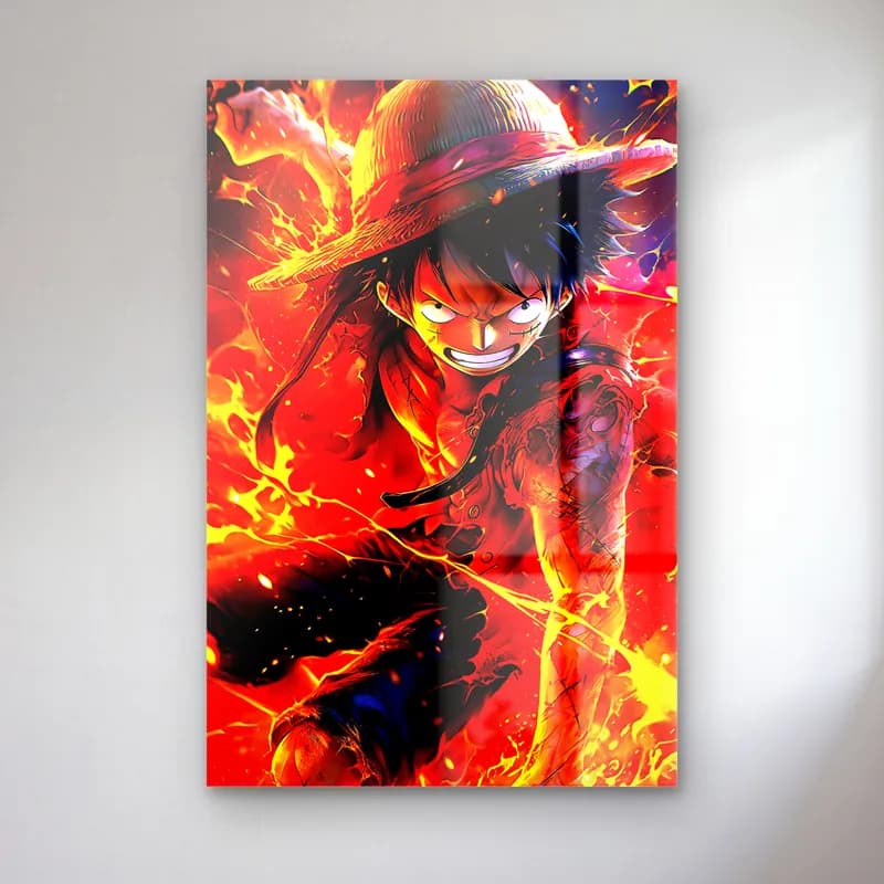 Ateşler İçinde Luffy cam tablo — Alevler içinde sırıtan hasır şapkalı Monkey D. Luffy
