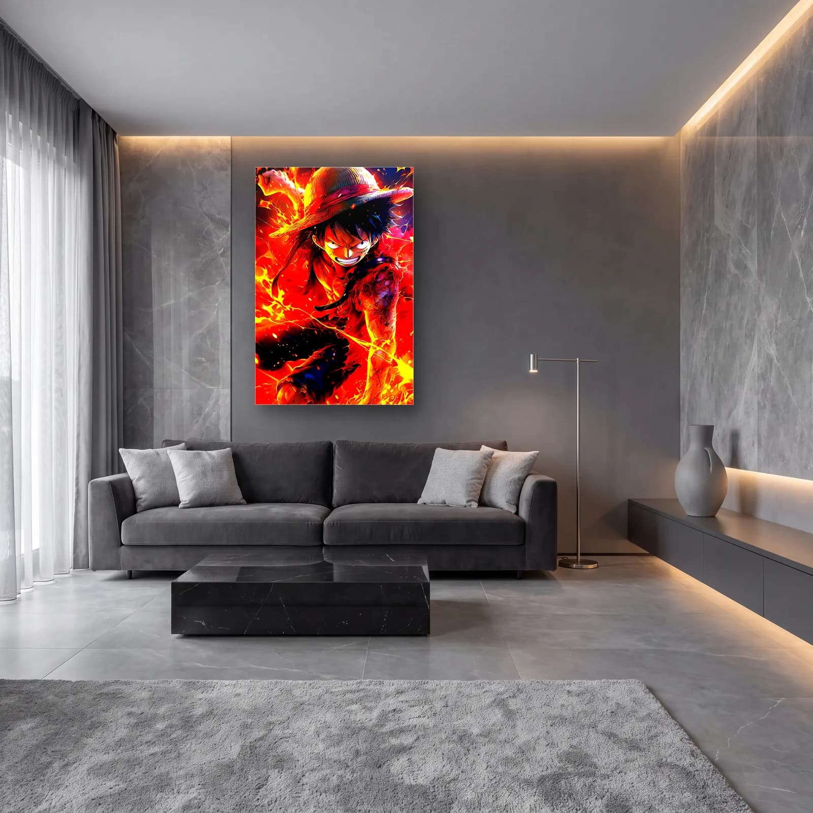 Ateşler İçinde Luffy cam tablo — lüks salon duvarında