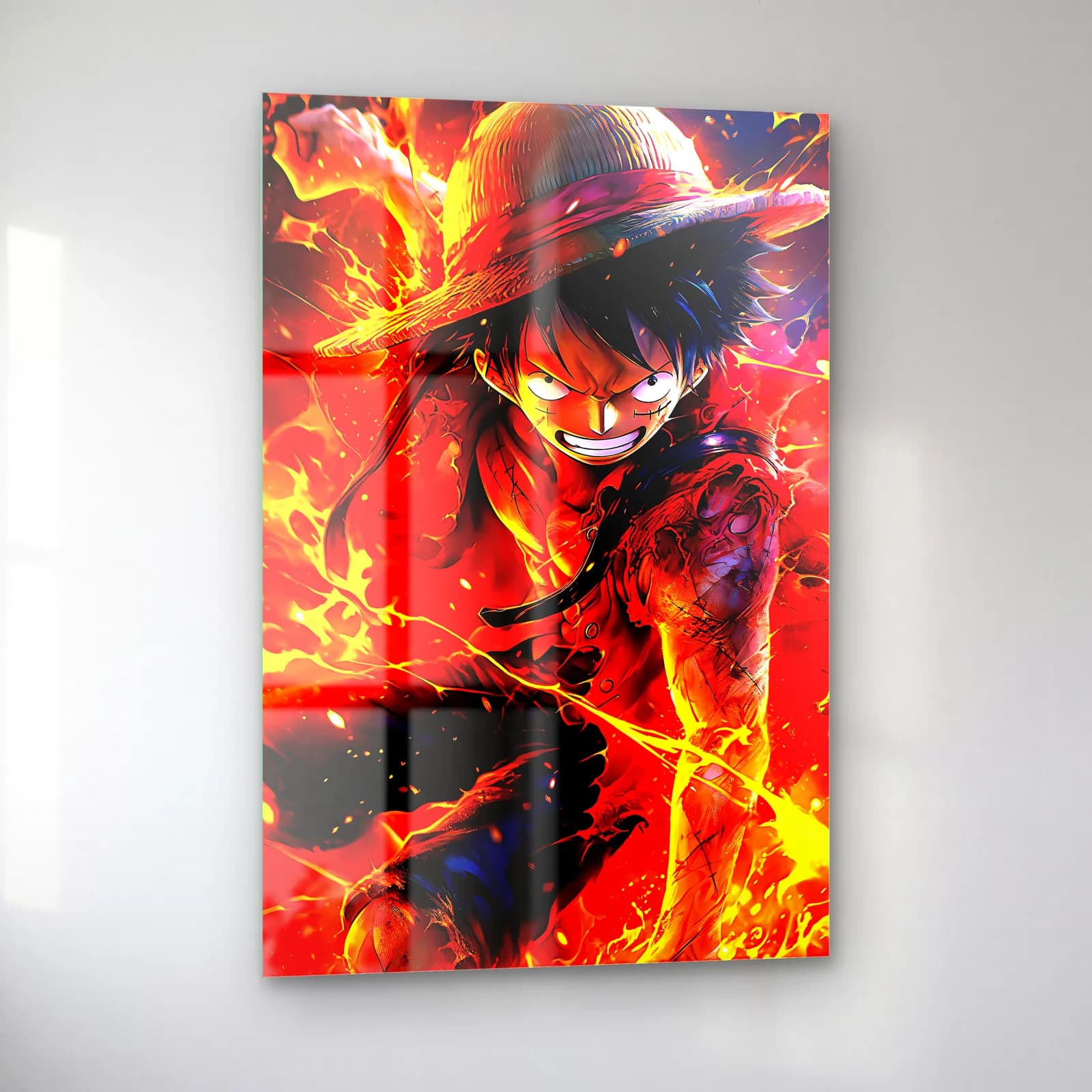 Ateşler İçinde Luffy cam tablo — sol açıdan görünüm