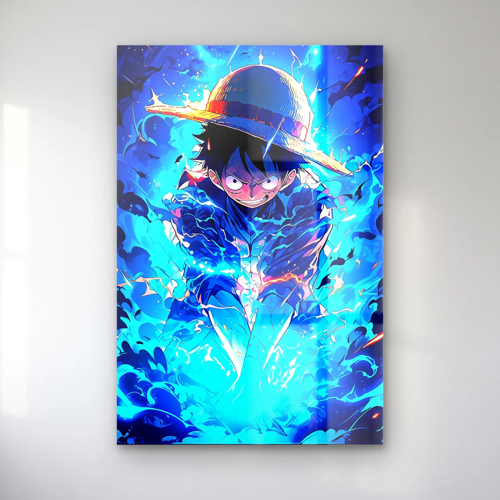 Mavi Enerjili Luffy cam tablo — Mavi enerji dalgaları içinde hasır şapkalı Luffy