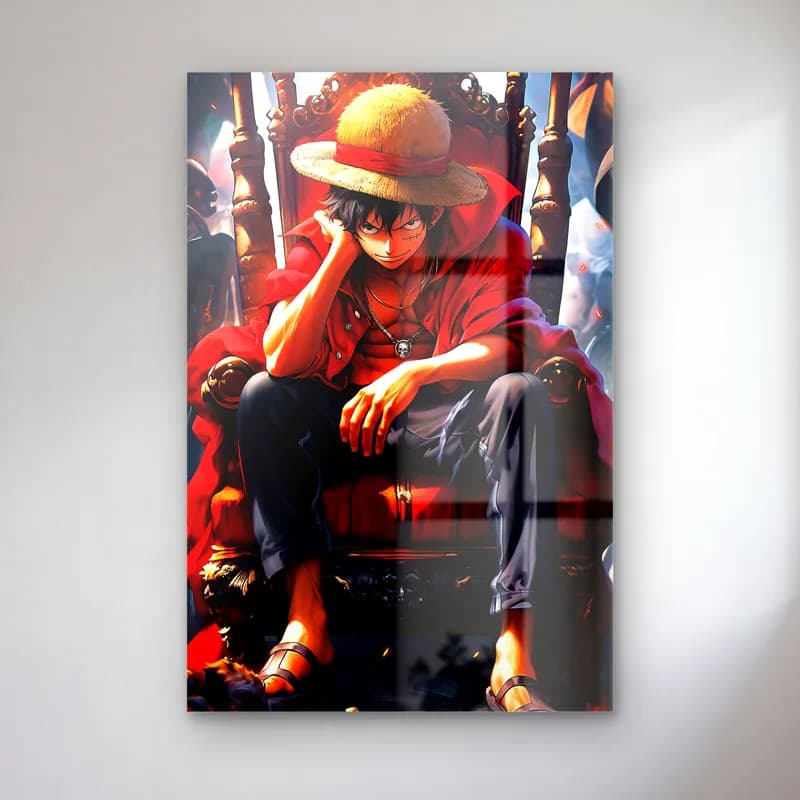 Tahttaki Luffy cam tablo — Kırmızı tonlarda tahtta oturan hasır şapkalı Luffy