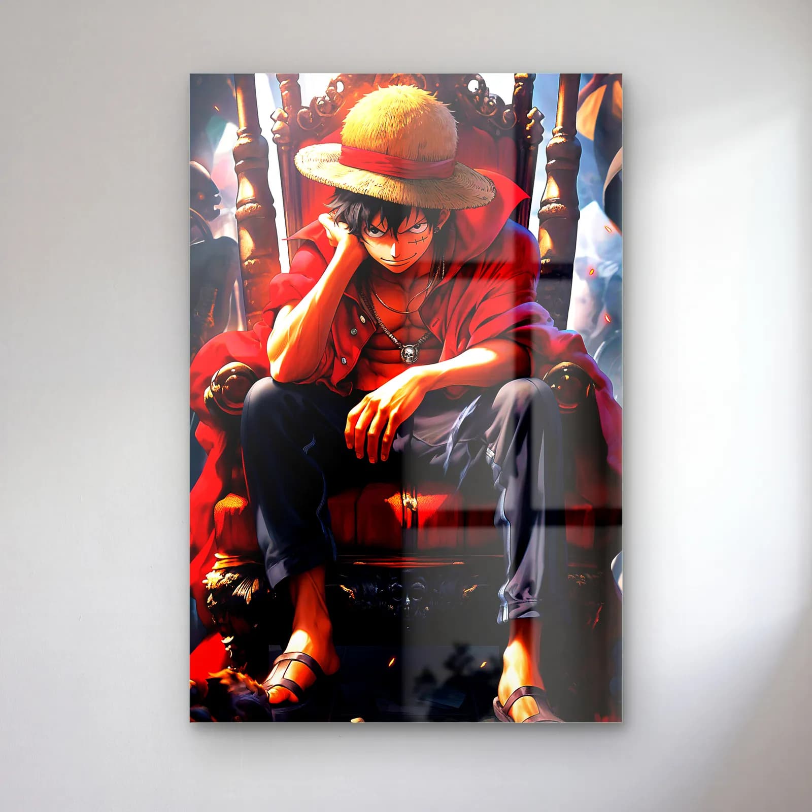 Tahttaki Luffy cam tablo — Kırmızı tonlarda tahtta oturan hasır şapkalı Luffy