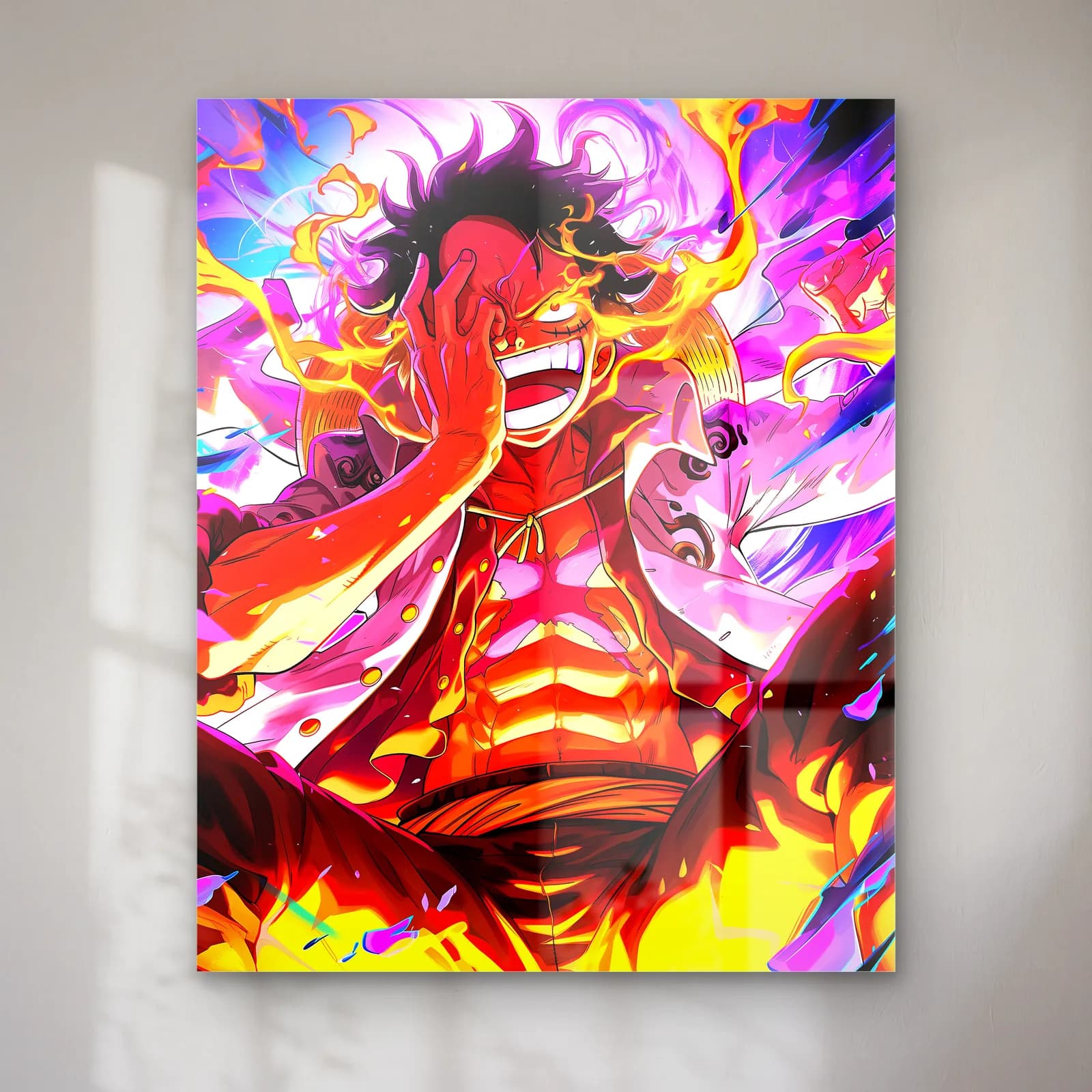 Gear 5 Luffy Kahkaha cam tablo — Pembe mor ve sarı renk patlaması içinde kahkaha atan Luffy