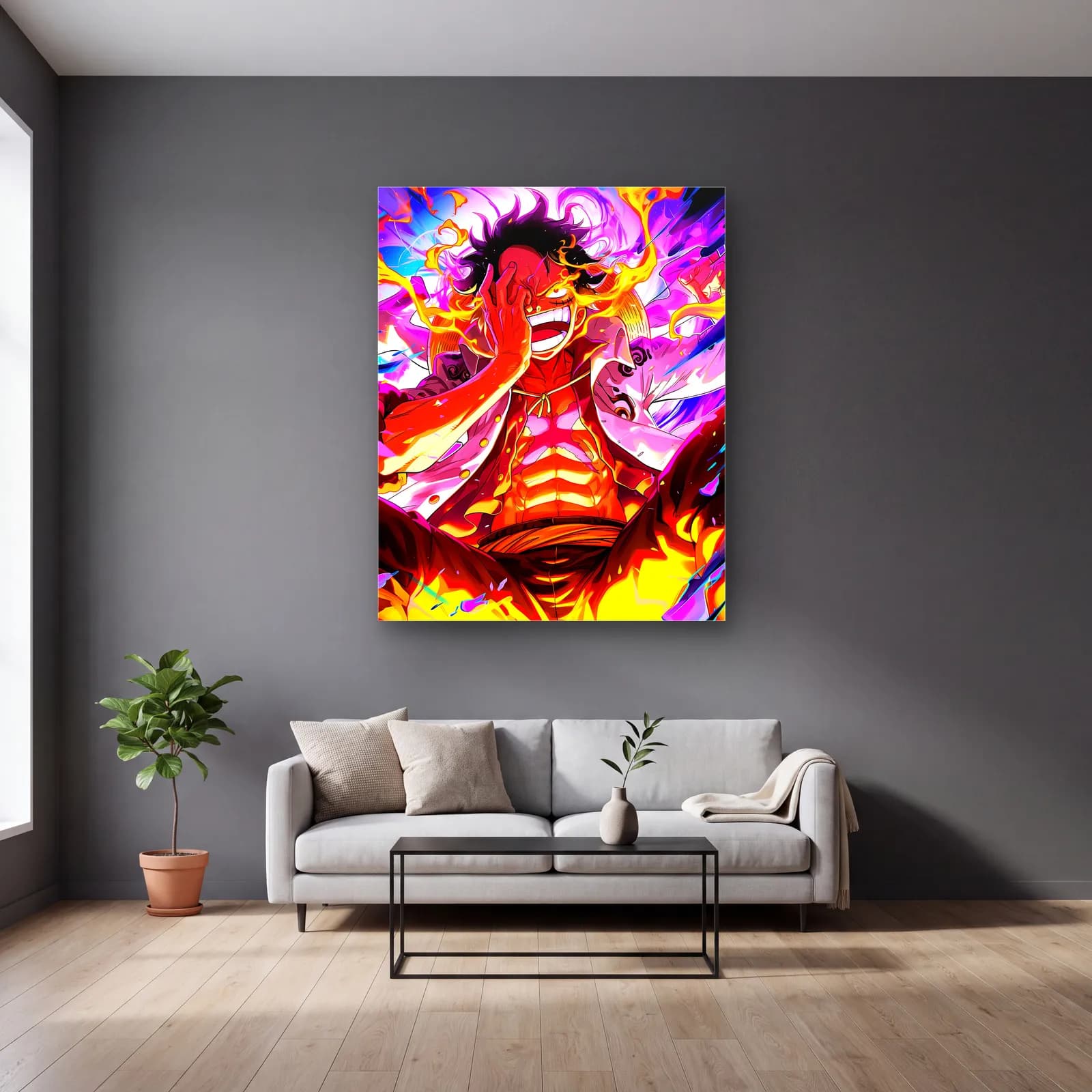 Gear 5 Luffy Kahkaha cam tablo — gri duvarlı salonda