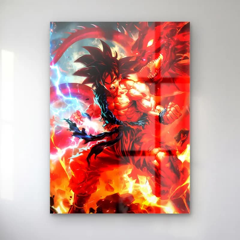 Alevler İçinde Goku cam tablo — Kırmızı alevler ve şimşekler içinde savaş pozunda Goku