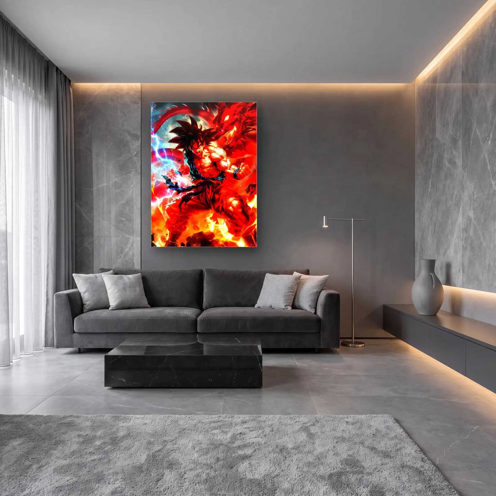 Alevler İçinde Goku cam tablo — lüks salon duvarında