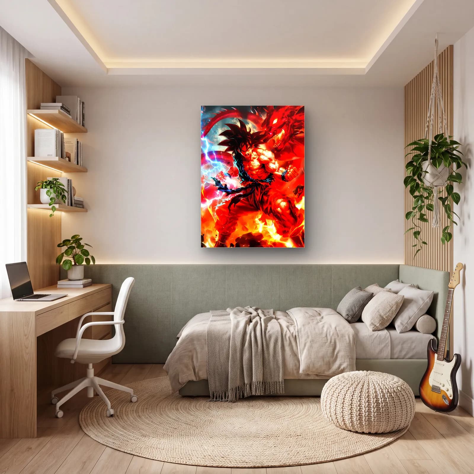 Alevler İçinde Goku cam tablo — genç odasında