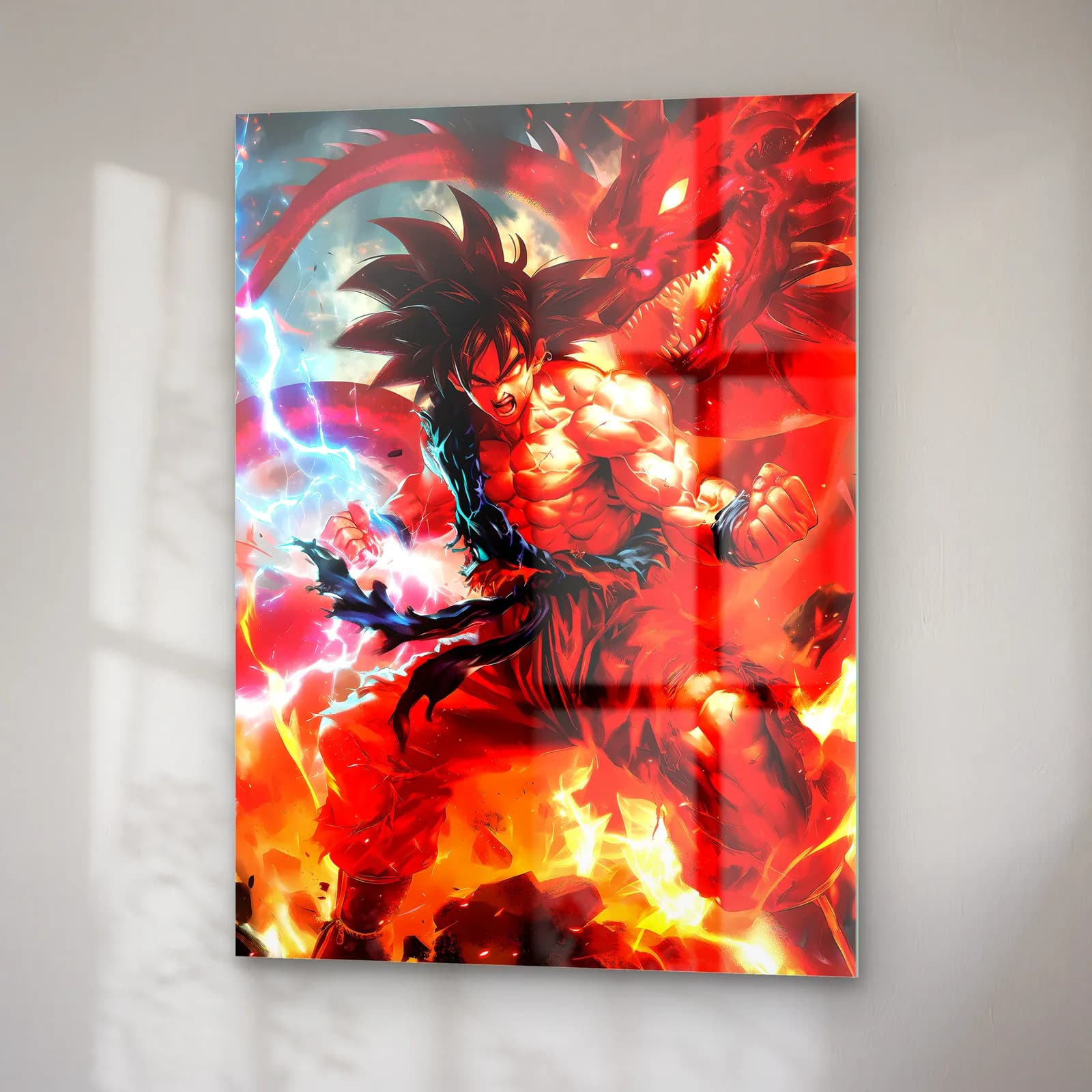 Alevler İçinde Goku cam tablo — sağ açıdan görünüm