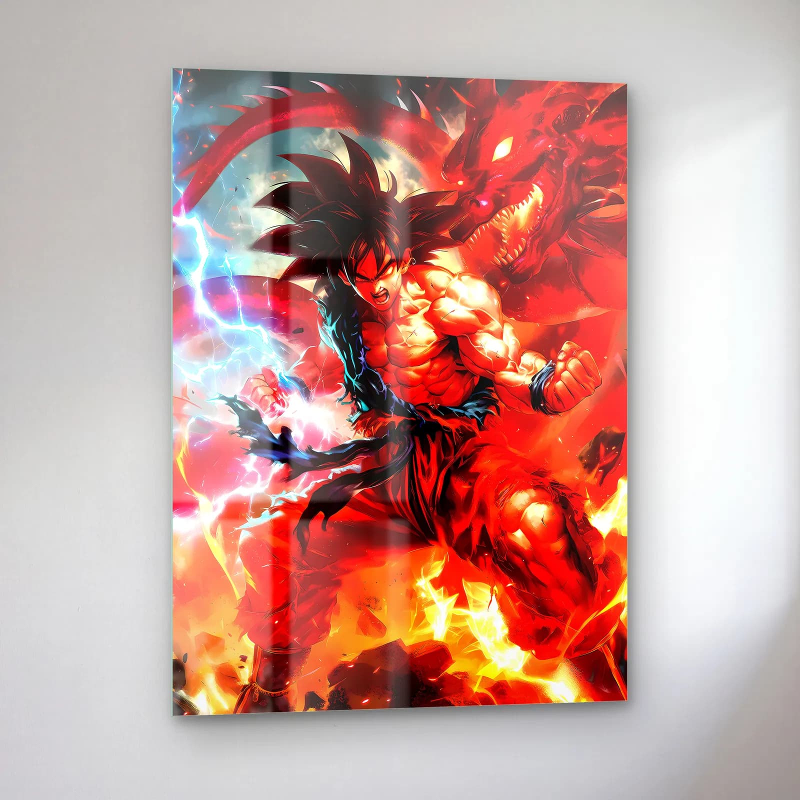 Alevler İçinde Goku cam tablo — sol açıdan görünüm