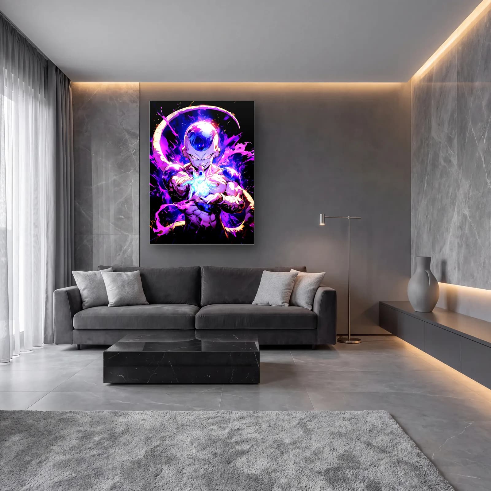Mor Enerjili Frieza cam tablo — lüks salon duvarında
