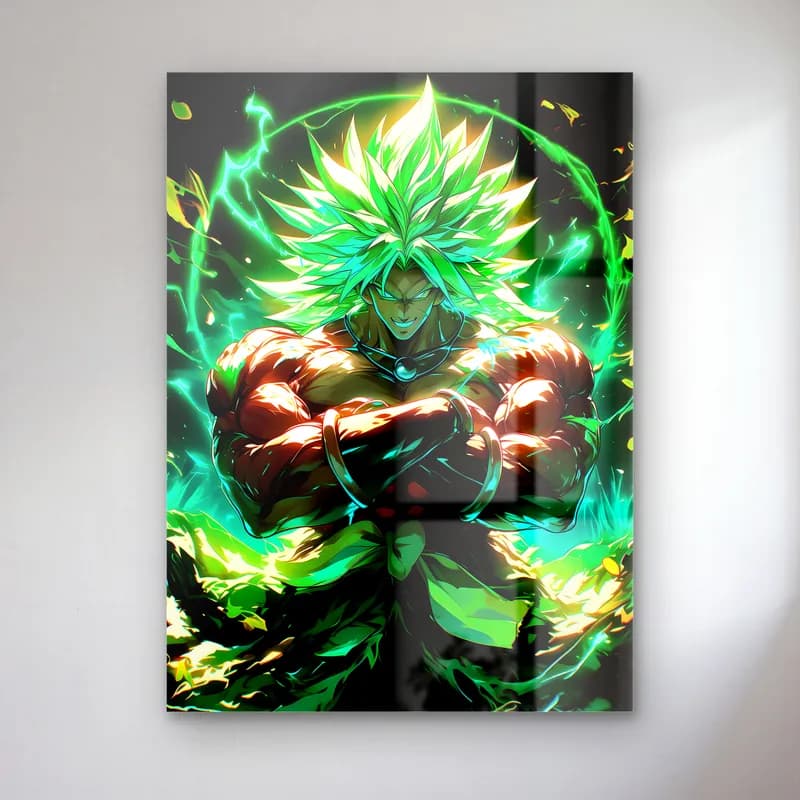 Yeşil Auralı Broly cam tablo — Yeşil aura içinde kollarını kavuşturmuş kaslı Broly