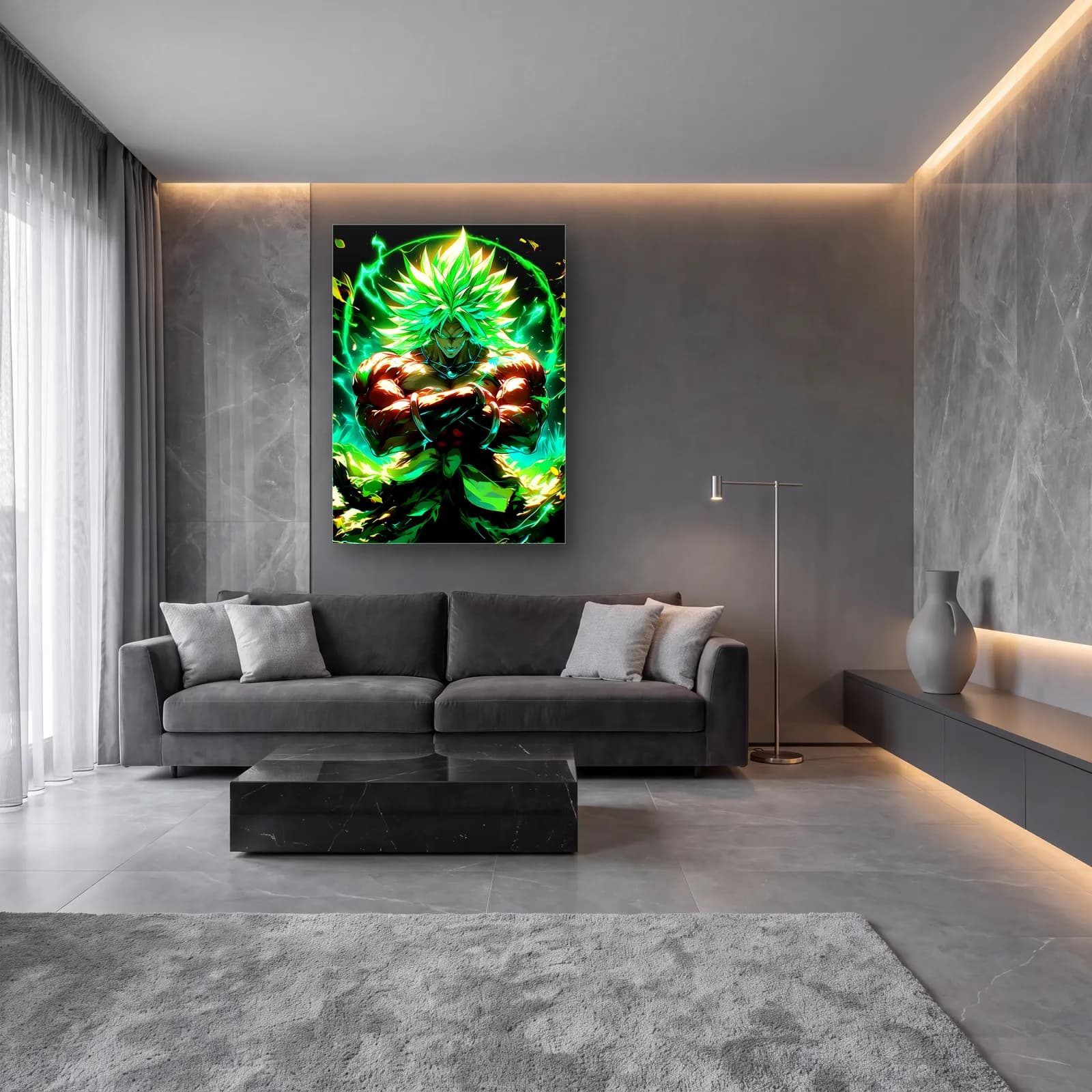 Yeşil Auralı Broly cam tablo — lüks salon duvarında
