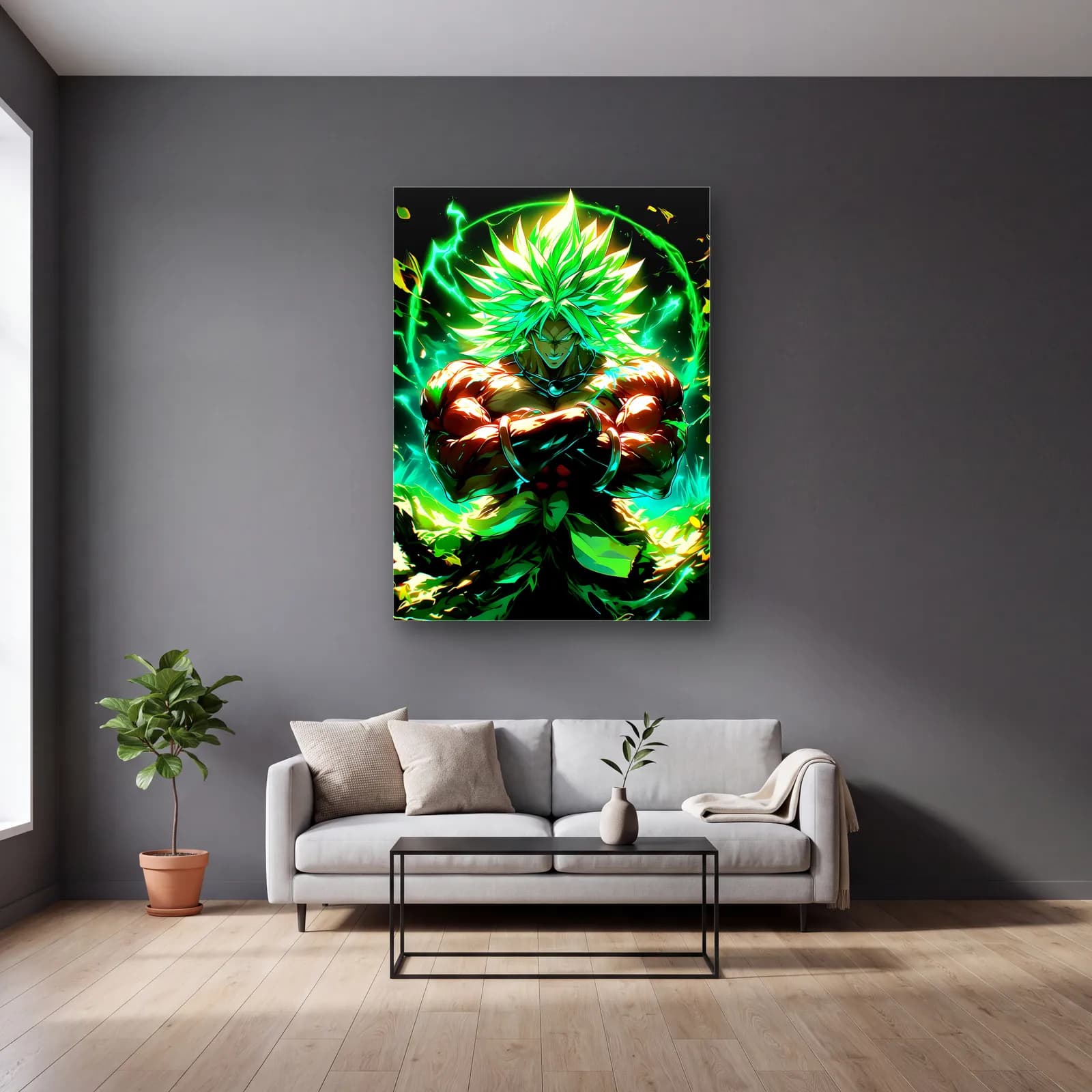 Yeşil Auralı Broly cam tablo — gri duvarlı salonda