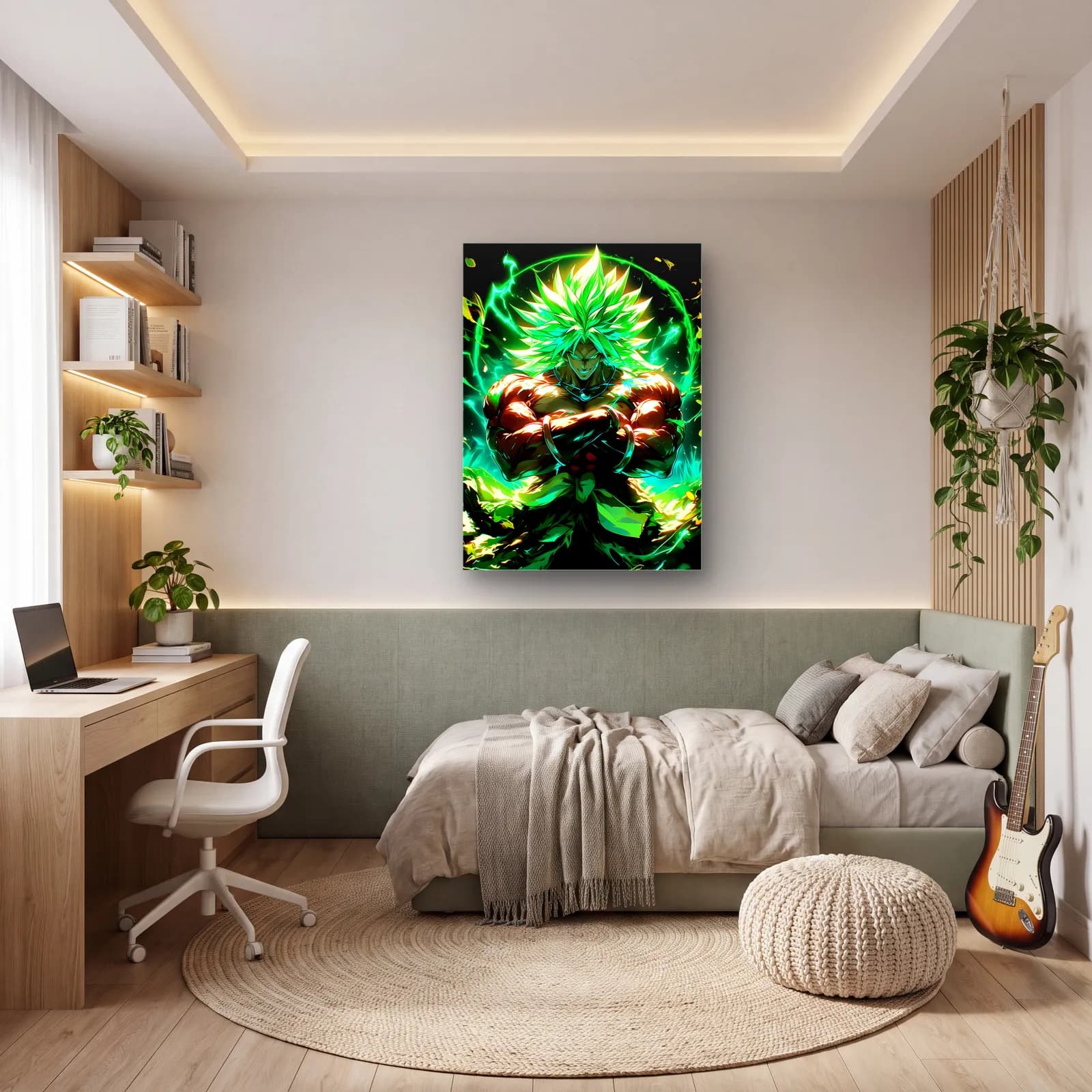 Yeşil Auralı Broly cam tablo — genç odasında