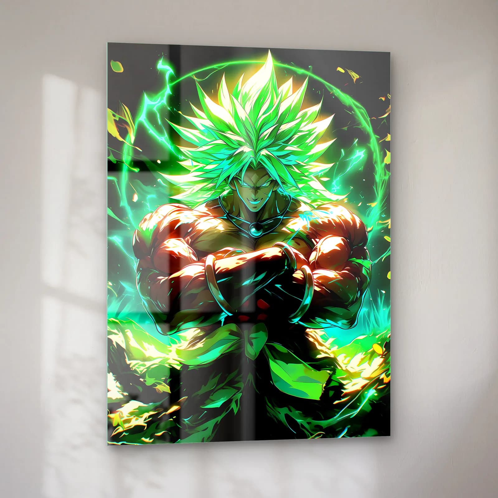 Yeşil Auralı Broly cam tablo — sol açıdan görünüm
