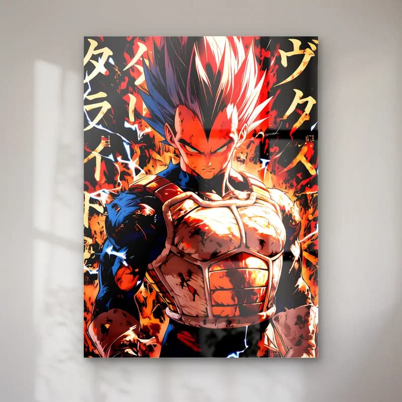 Japonca Yazılı Vegeta cam tablo — Japonca yazılı arka plan önünde zırhlı kızıl saçlı Vegeta