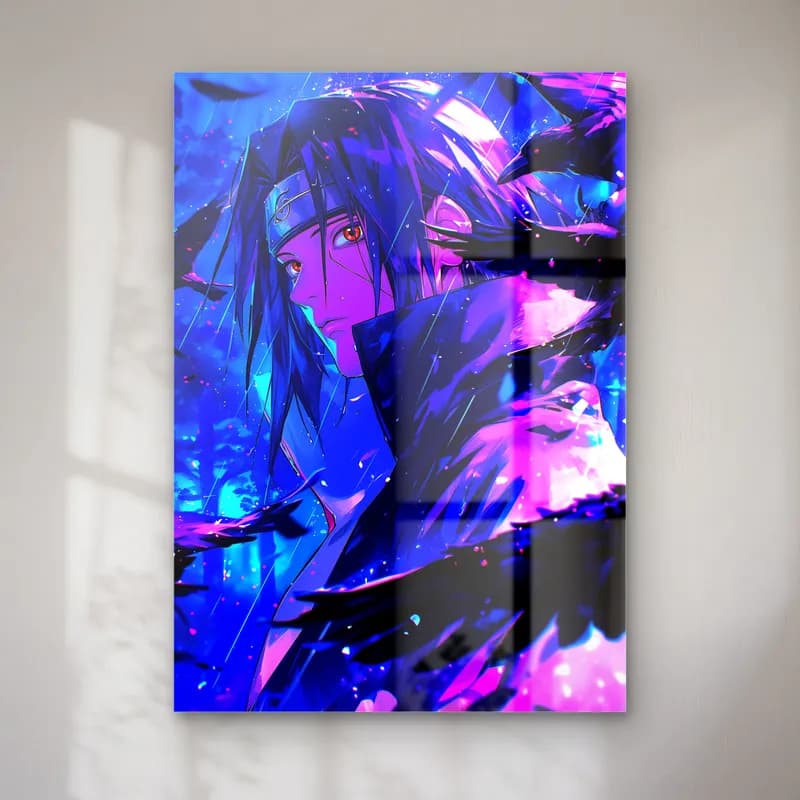 Mor Mavi Itachi Uchiha cam tablo — Mor mavi tonlarda pelerinli alın bantlı Itachi Uchiha