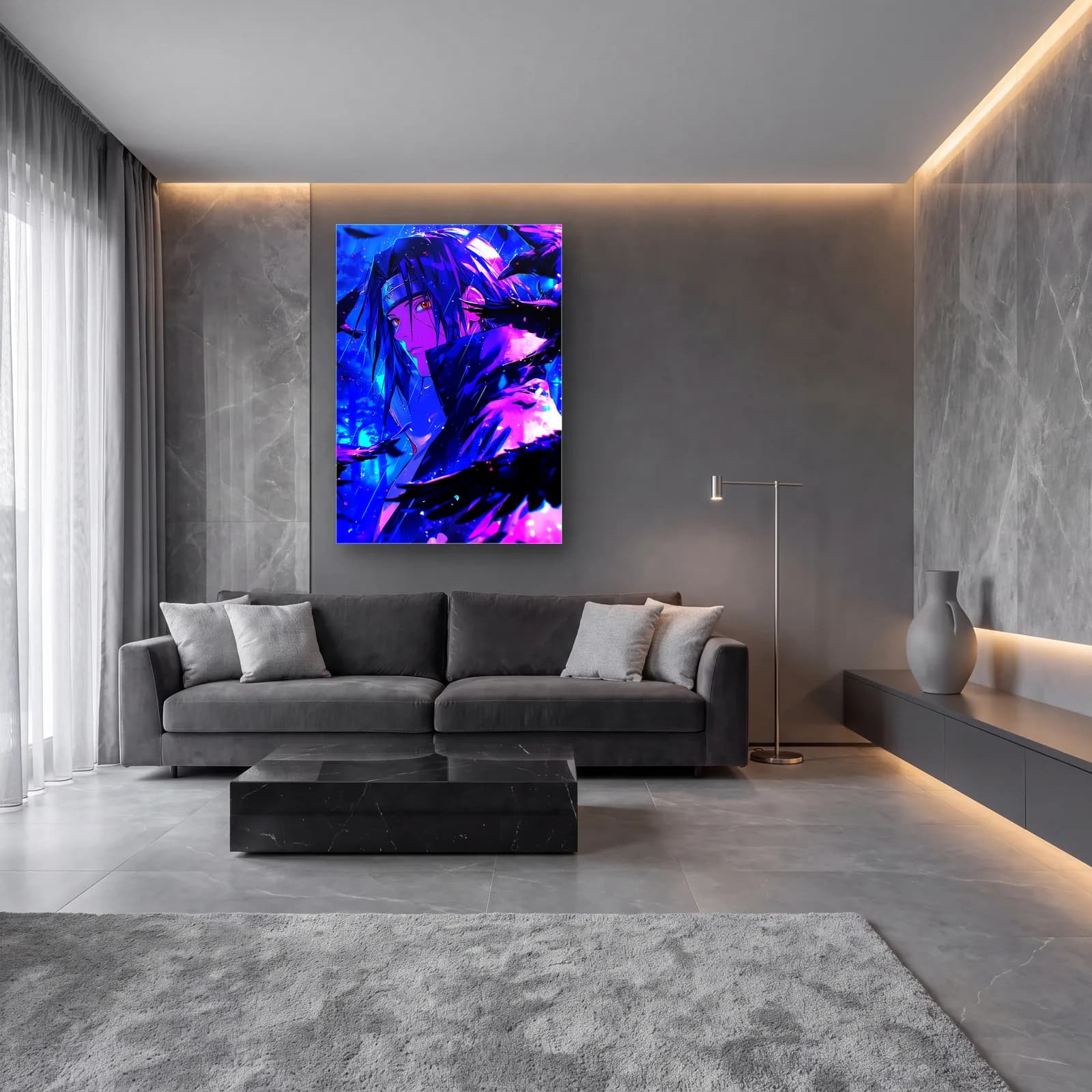 Mor Mavi Itachi Uchiha cam tablo — lüks salon duvarında