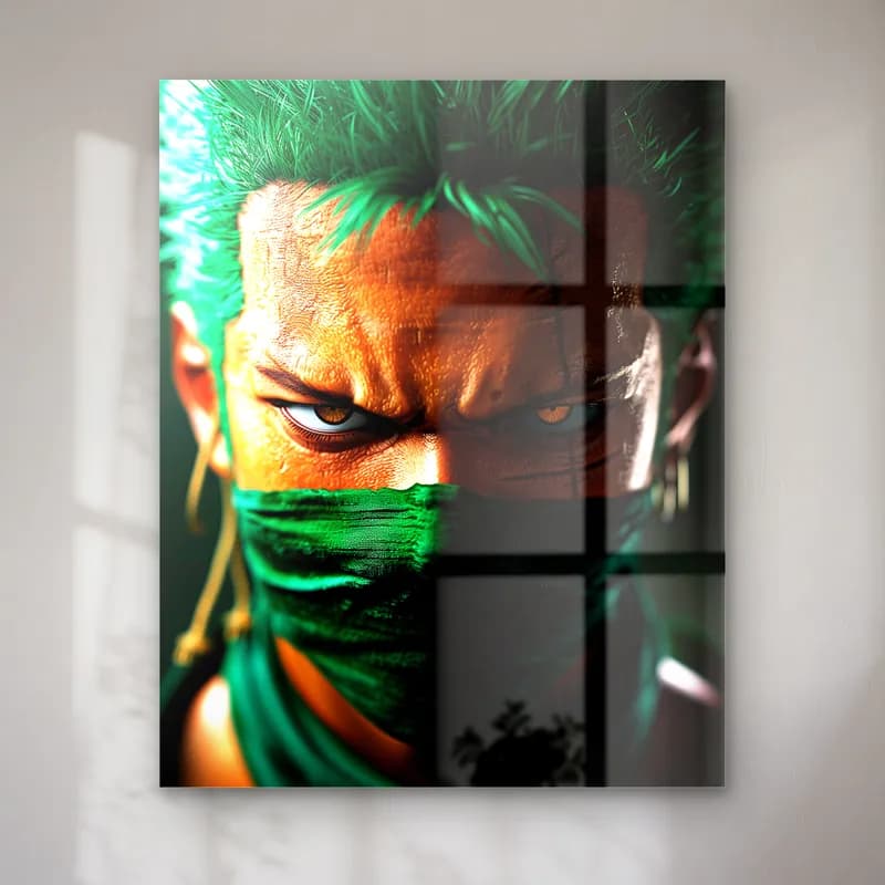 Roronoa Zoro Yakın Plan cam tablo — Yeşil saçlı ve yeşil bandanalı Roronoa Zoro yüz yakın planı