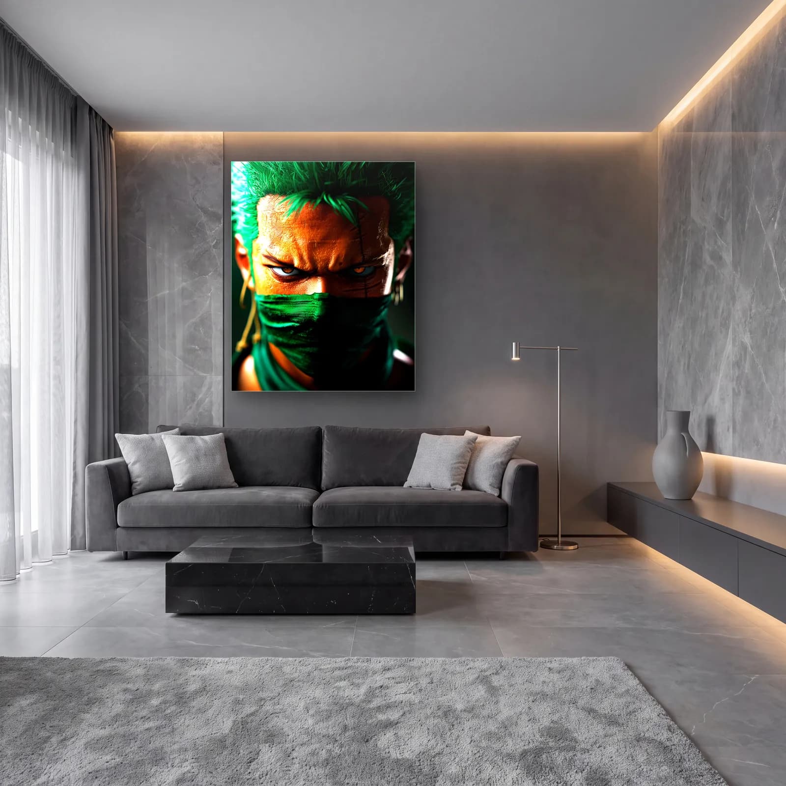 Roronoa Zoro Yakın Plan cam tablo — lüks salon duvarında