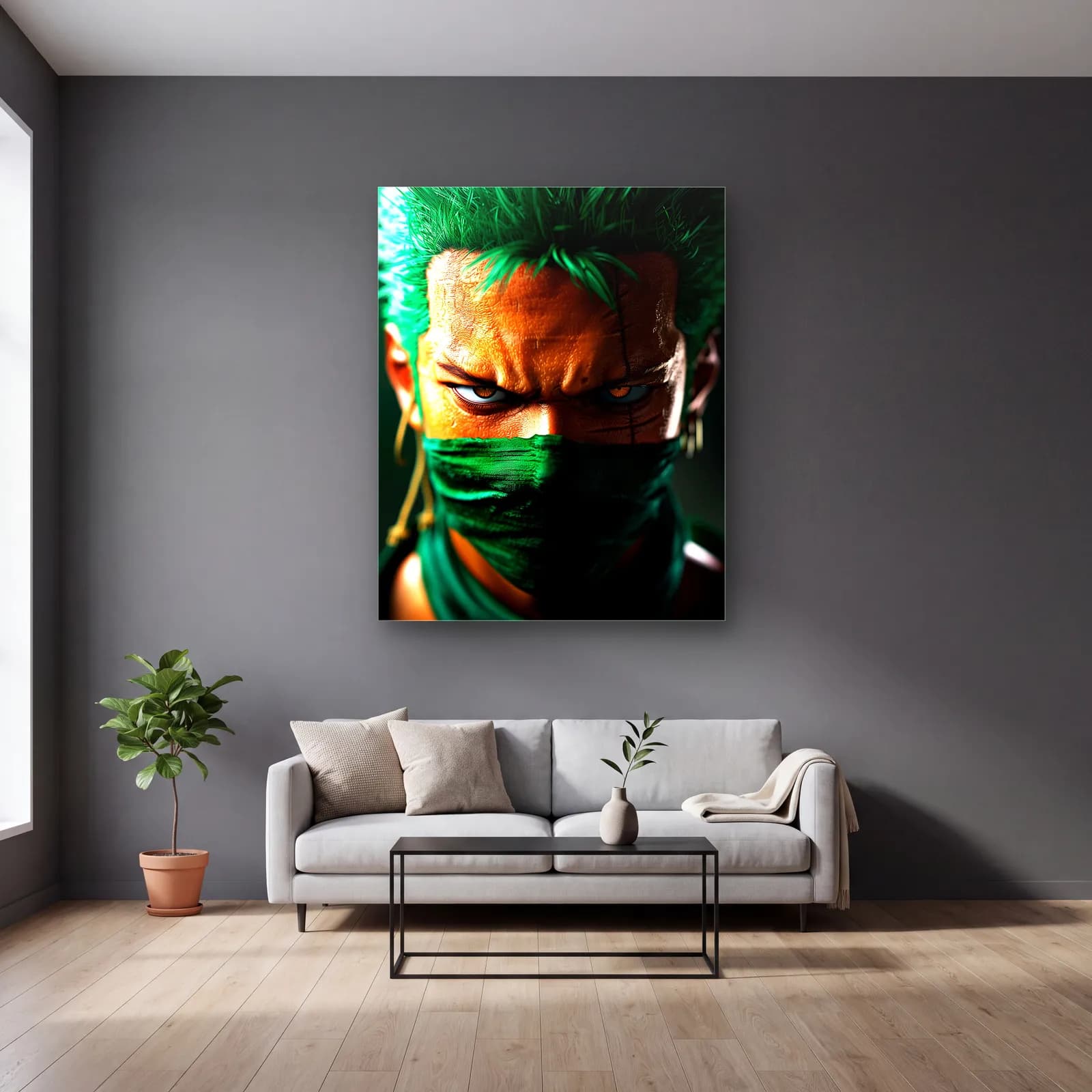 Roronoa Zoro Yakın Plan cam tablo — gri duvarlı salonda