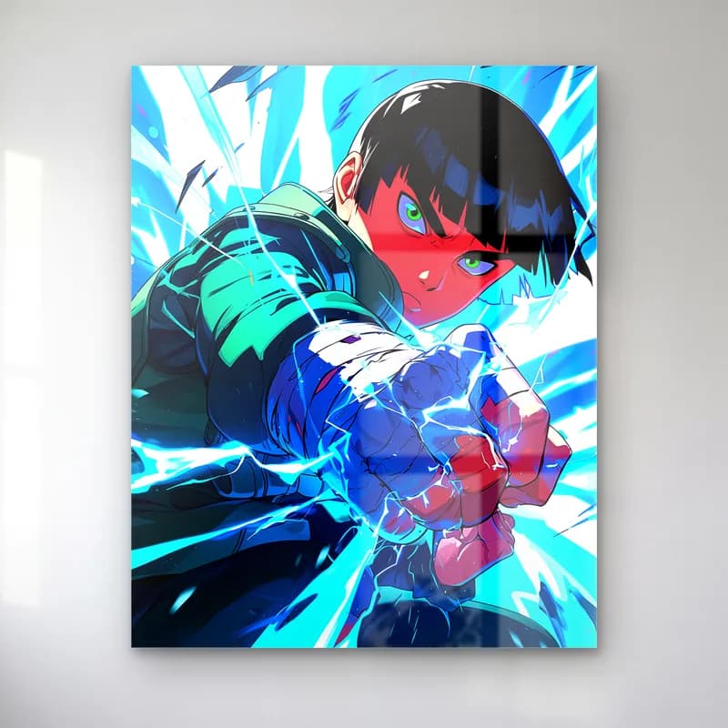 Şimşekli Rock Lee cam tablo — Mavi şimşekler içinde yumruğunu uzatan Rock Lee