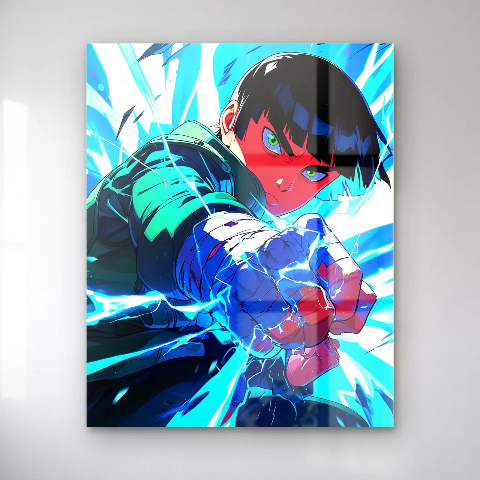 Şimşekli Rock Lee cam tablo — Mavi şimşekler içinde yumruğunu uzatan Rock Lee