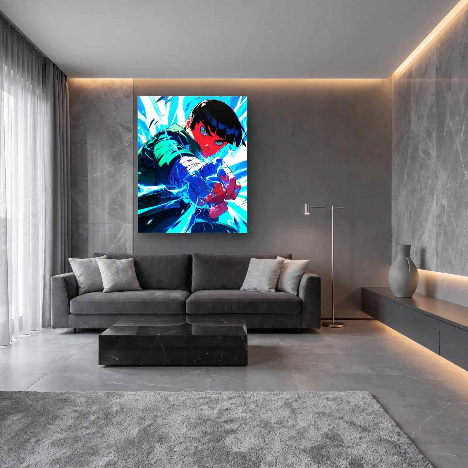 Şimşekli Rock Lee cam tablo — lüks salon duvarında