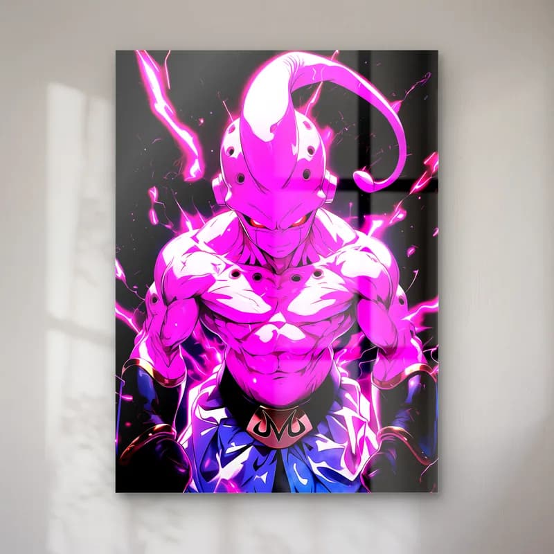 Pembe Majin Buu cam tablo — Mor şimşekler içinde kaslı pembe Majin Buu