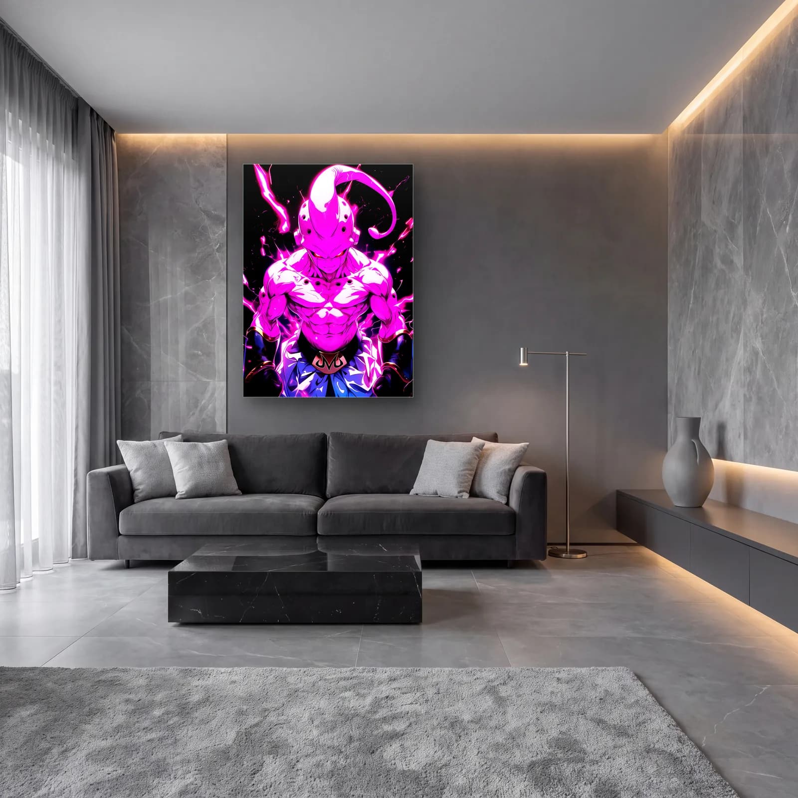 Pembe Majin Buu cam tablo — lüks salon duvarında