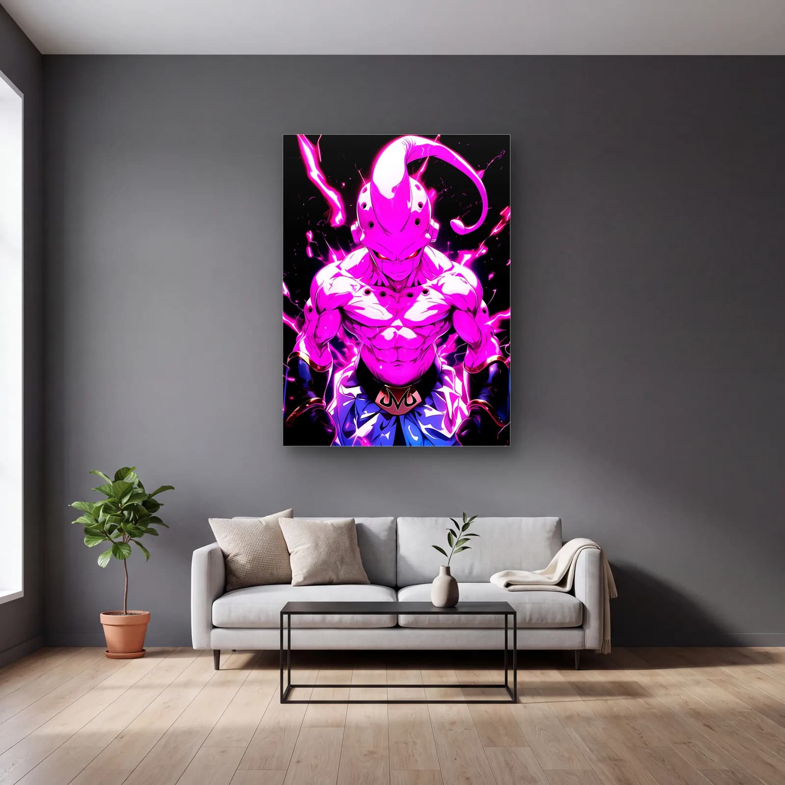 Pembe Majin Buu cam tablo — gri duvarlı salonda