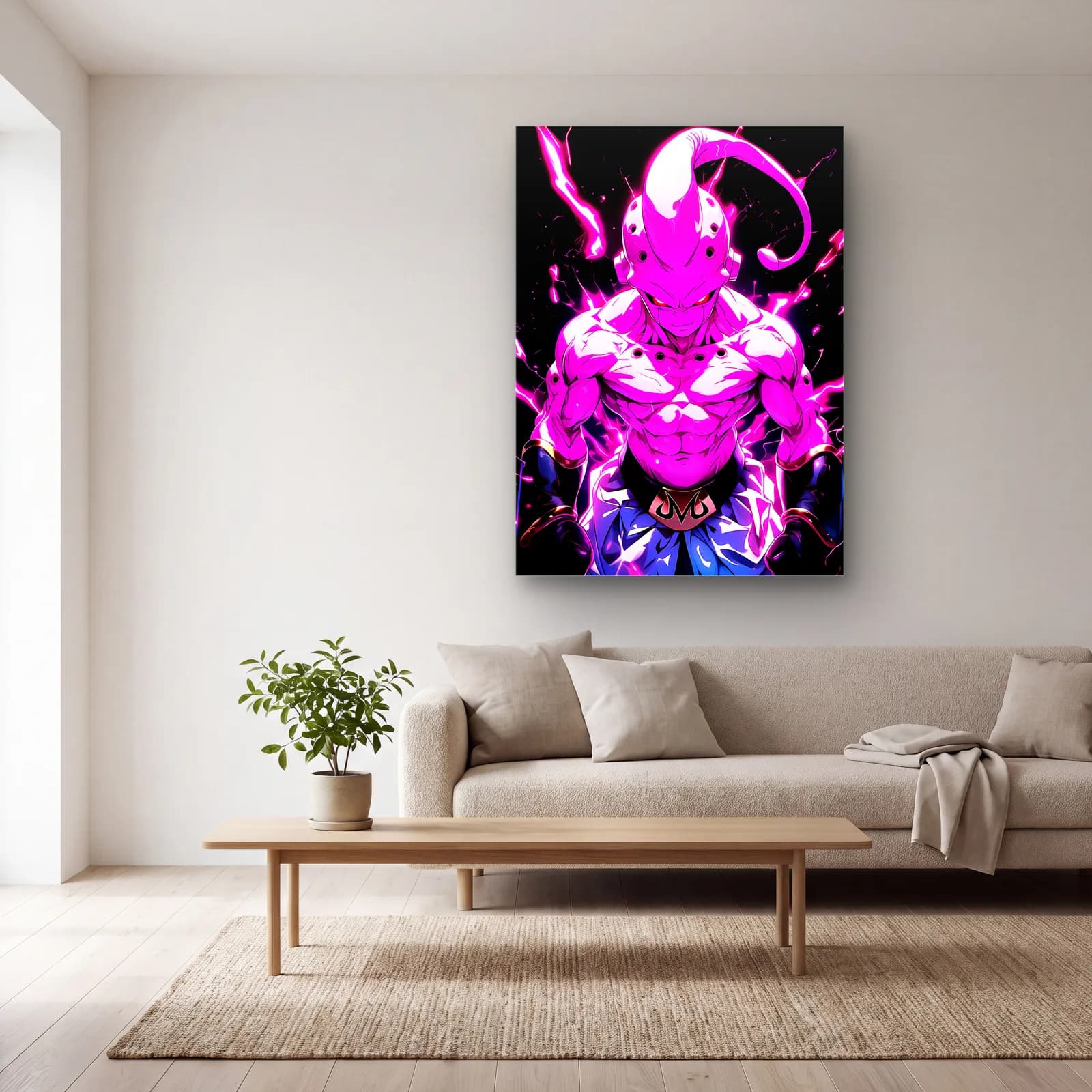 Pembe Majin Buu cam tablo — açık renk salonda