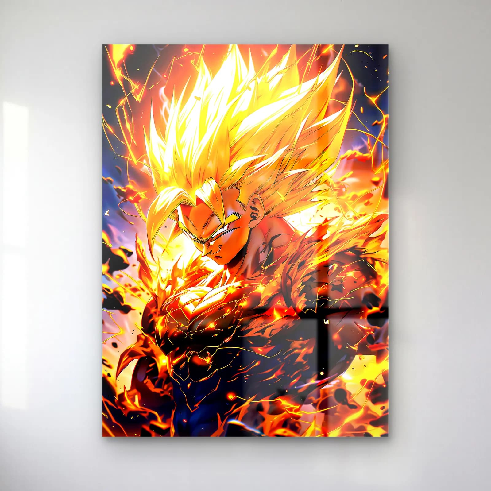 Süper Saiyan Goku cam tablo — Altın sarısı alevler içinde sarı saçlı Süper Saiyan Goku