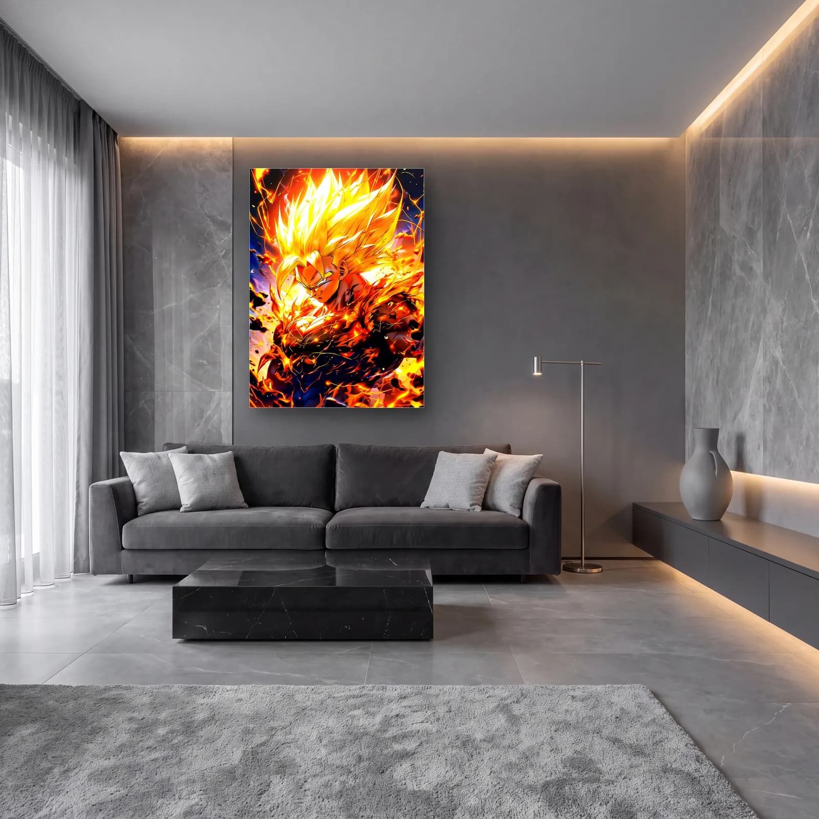 Süper Saiyan Goku cam tablo — lüks salon duvarında