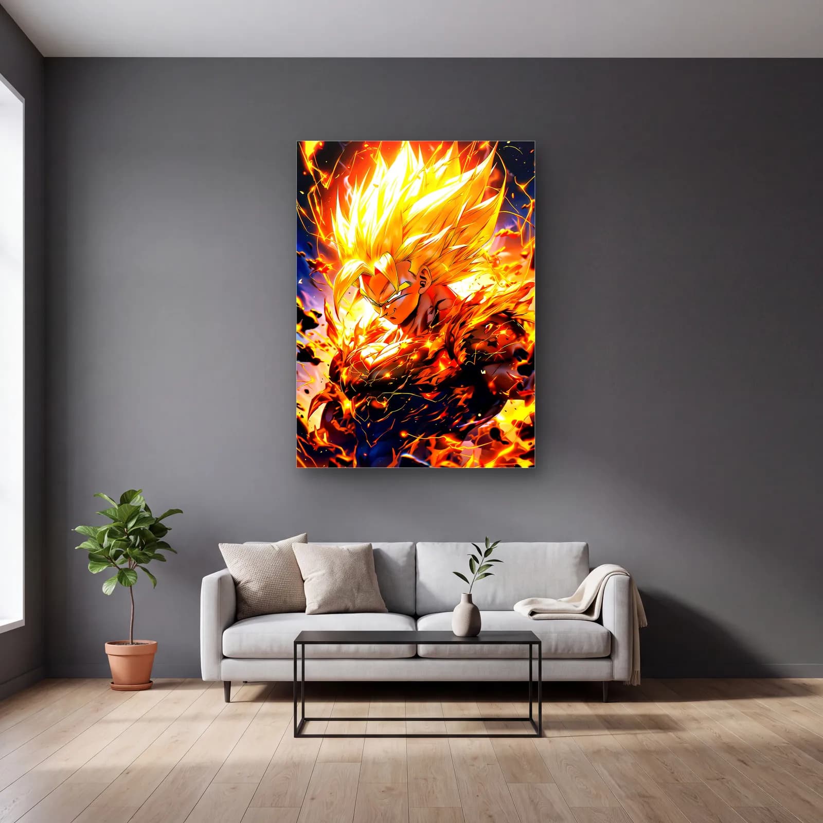 Süper Saiyan Goku cam tablo — gri duvarlı salonda