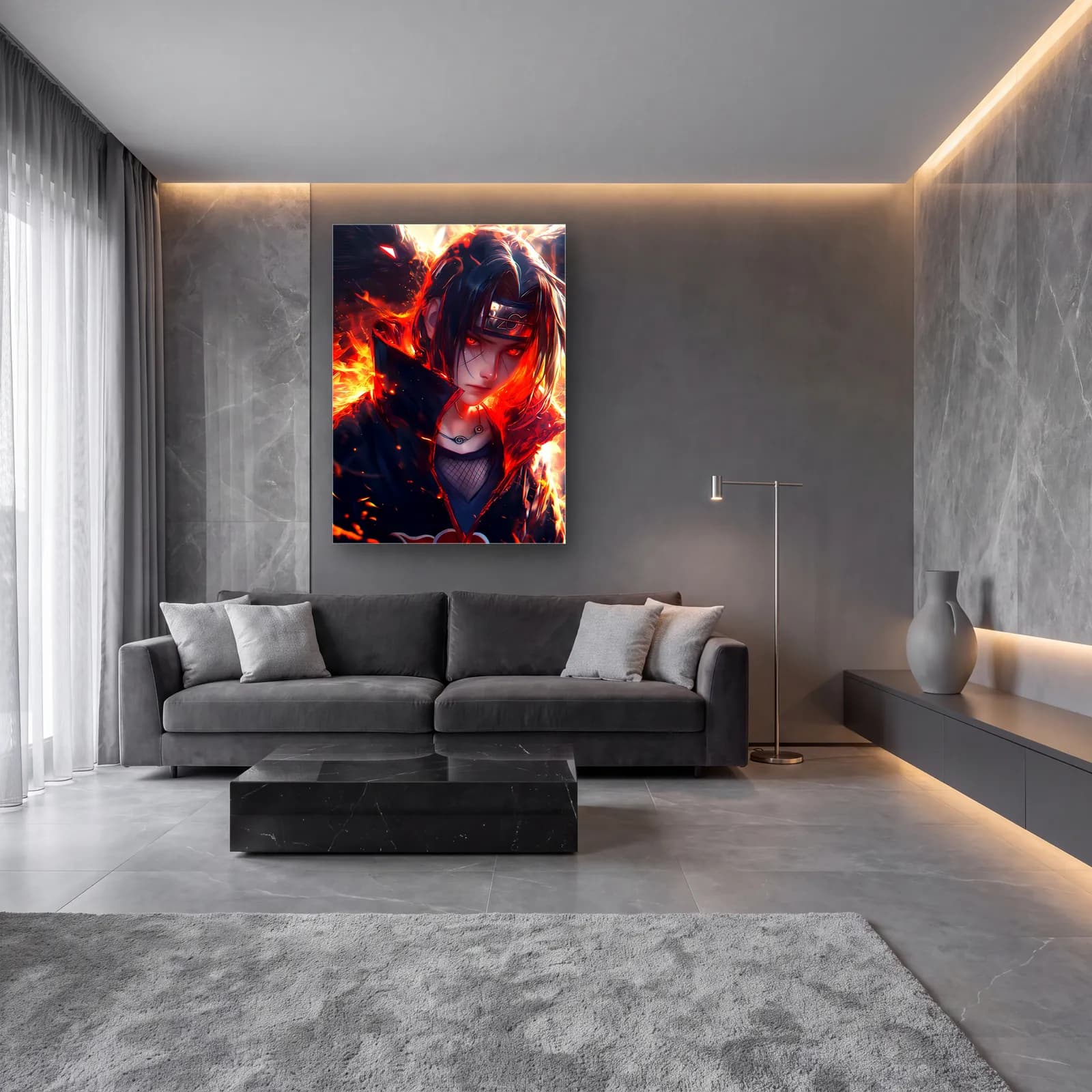 Alevler İçinde Itachi cam tablo — lüks salon duvarında